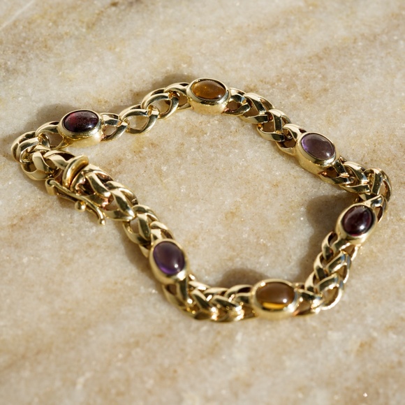 Rare Vintage Estate Fancy Woven 14K Oval Cabochon Gemstone Bracelet Unisex - Picture 4 of 6